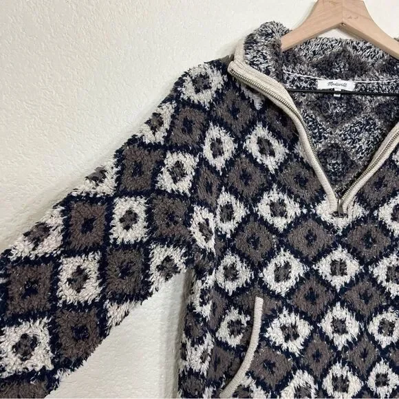 Madewell Popover Sweater Fuzzy Teddy Bear Style Fleece 1/4 Zip Diamond Print M - Picture 9 of 15